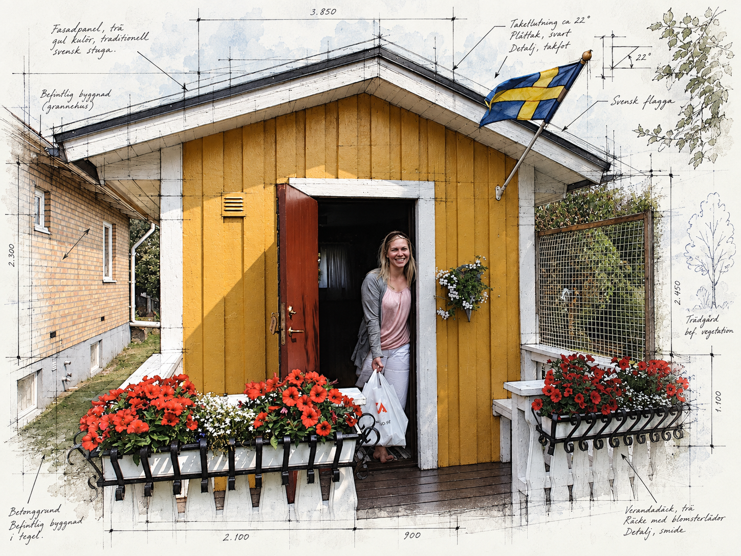 A hand-drawn field-atlas portrait of a traditional yellow Swedish stuga with red geraniums and a Swedish flag, a smiling woman greeting from the open doorway