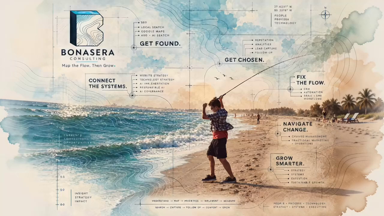 Bonasera Consulting field atlas connecting search, systems, technology, change, and growth around Kevin fly fishing on a shoreline