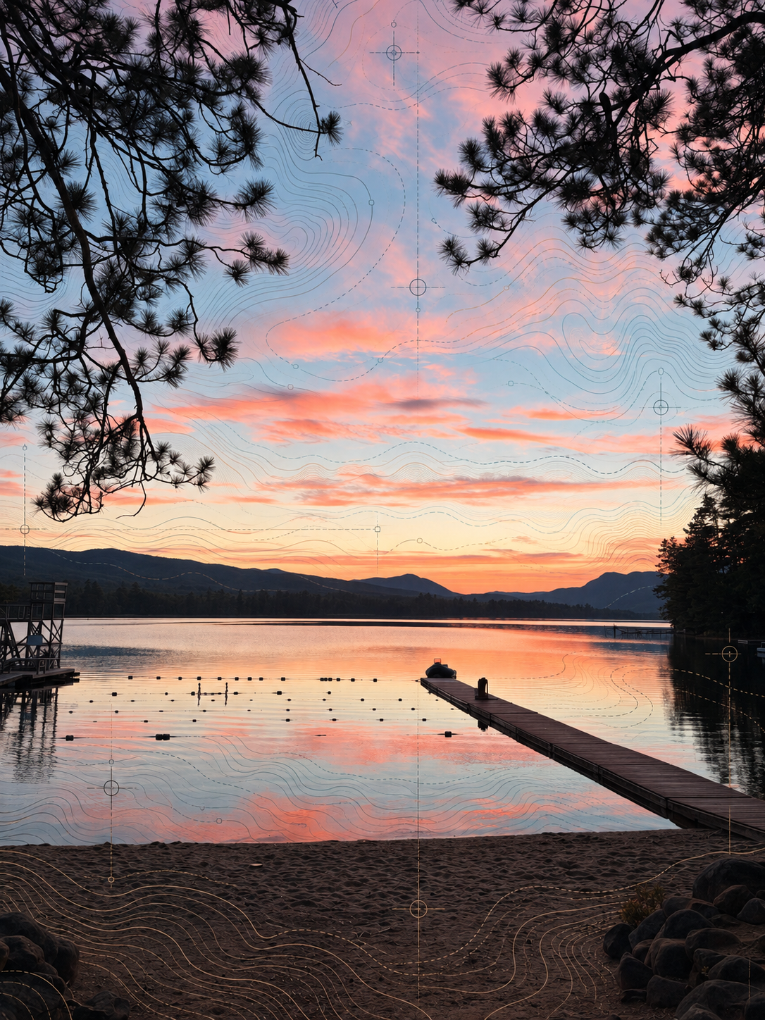 Sunset over the Camp Kawanhee waterfront, with pines, a dock reaching into calm water, and contour linework traced across the sky