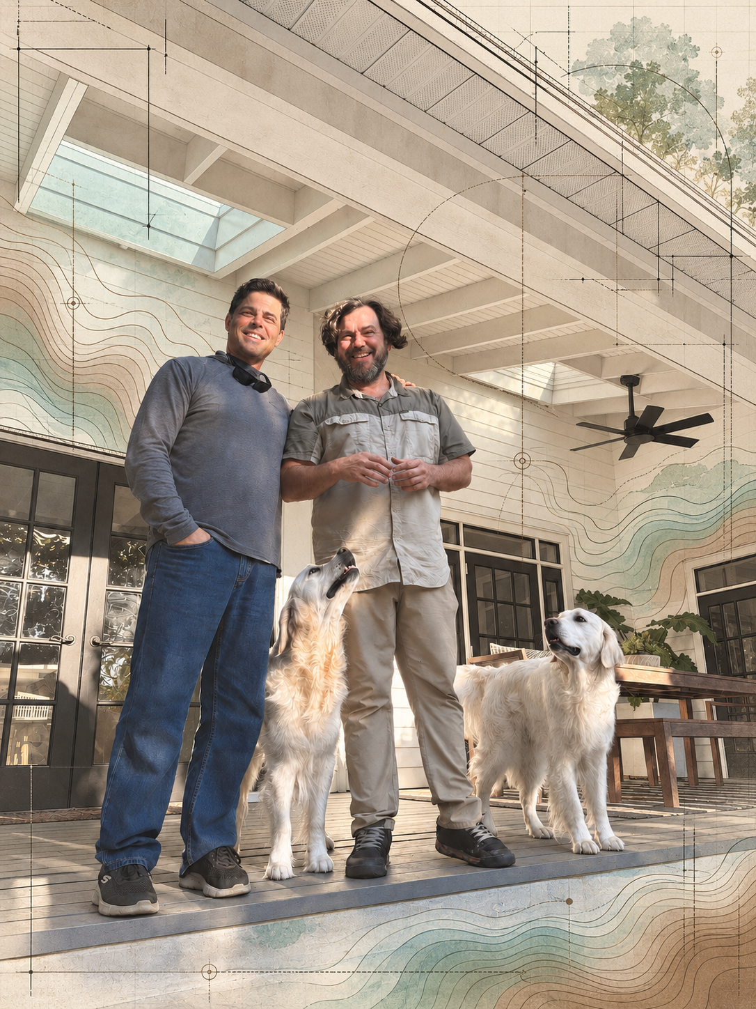 Kevin Bonasera and collaborator Mark Stegman outdoors with two dogs